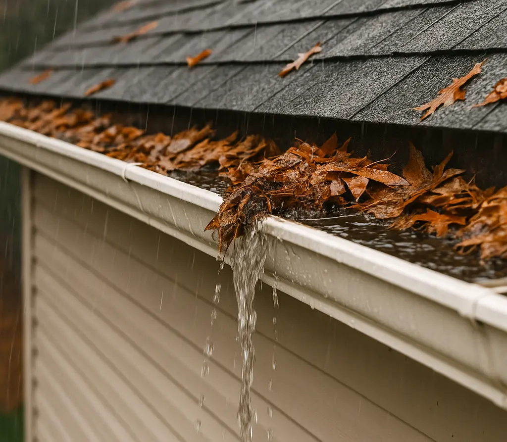 Full overflowing gutter in the rain